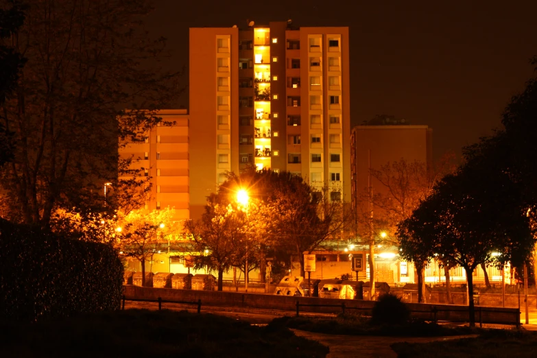 a view of a building that has lights in it