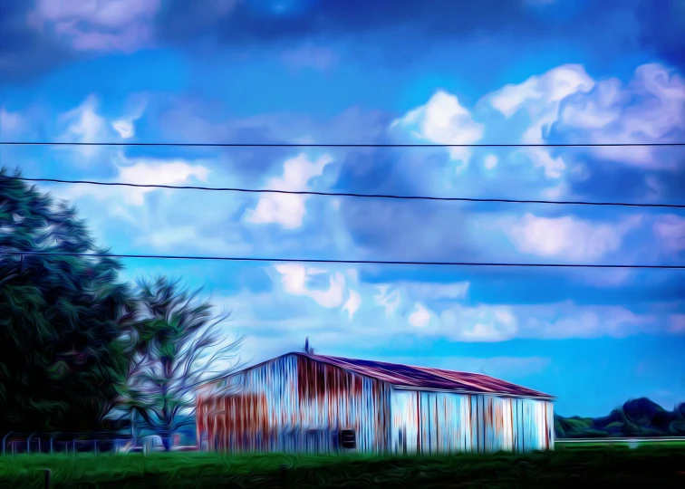 a colorful building in a field against blue sky