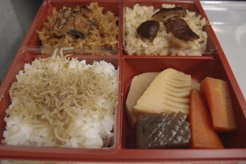 some assorted food dishes are in the tray