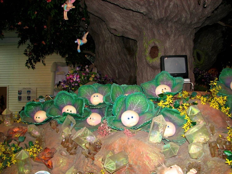 decorations on display with flower arrangements and trees