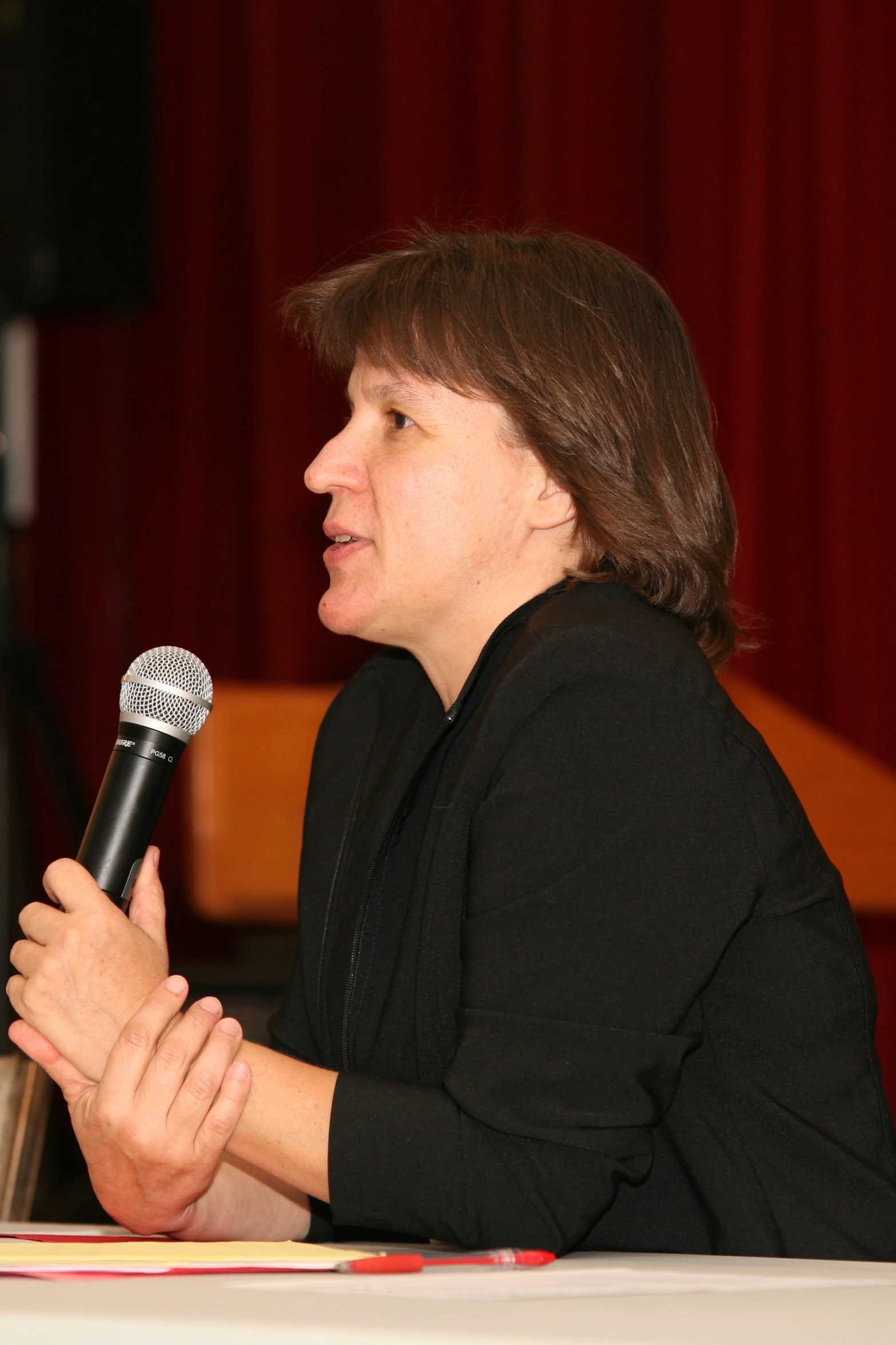 a woman at a microphone with her hands raised