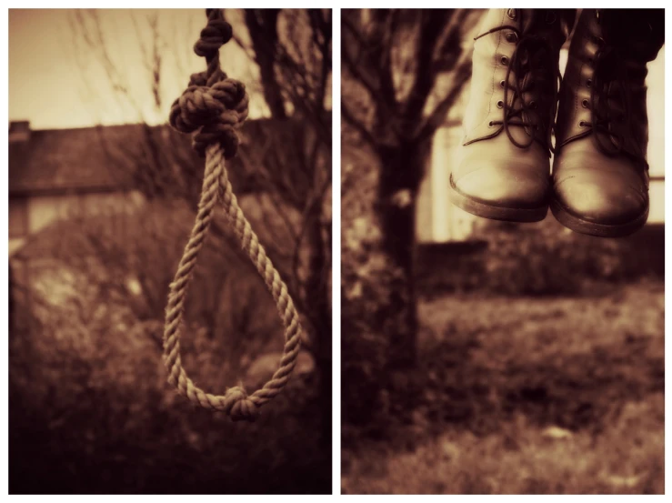 two images with a pair of boots in ropes attached to trees