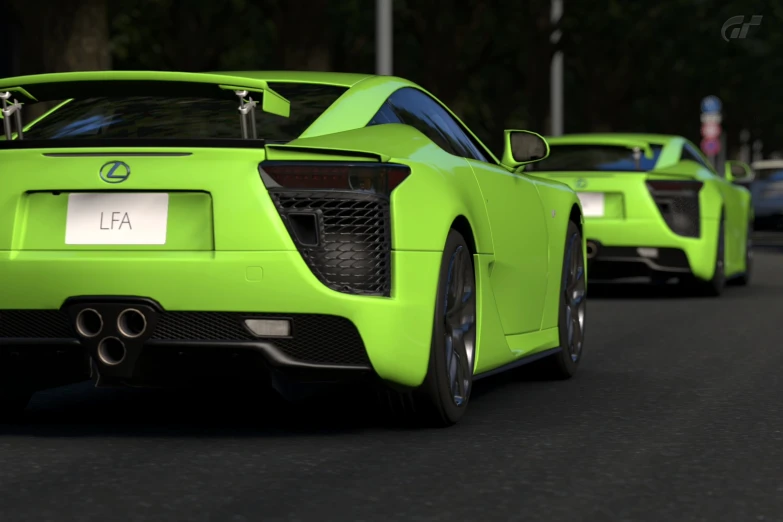 three lime green sports cars drive down the road