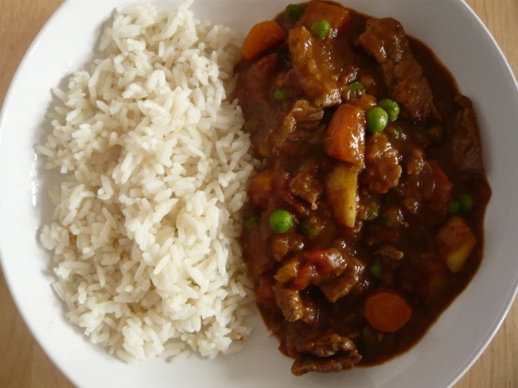 a plate filled with rice and a meat stew