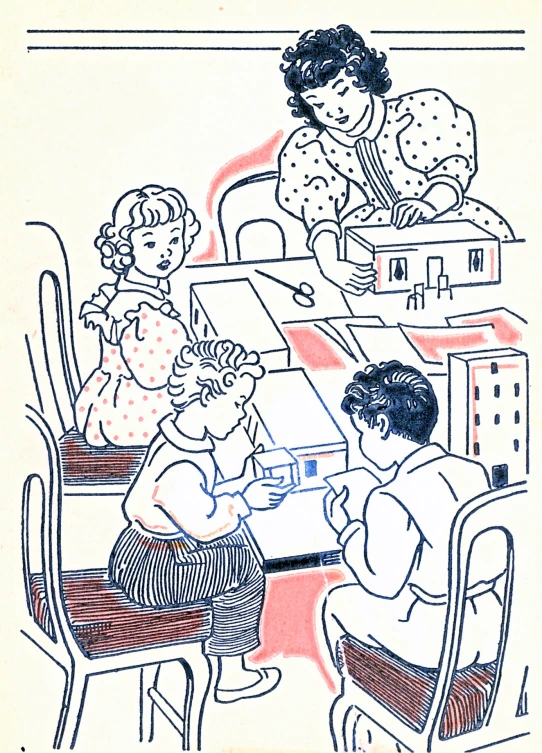 a drawing of a family eating together in a home