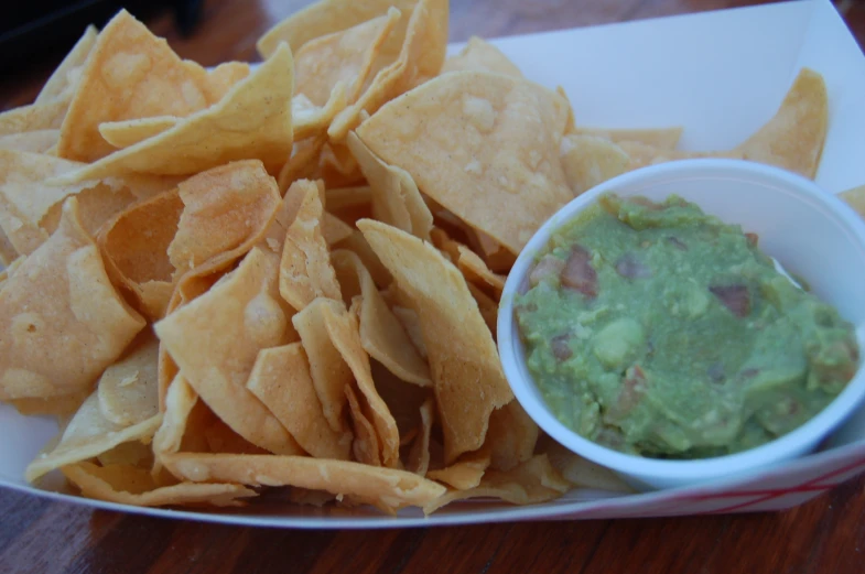 a white plate with chips, guacamole and tortilla chips