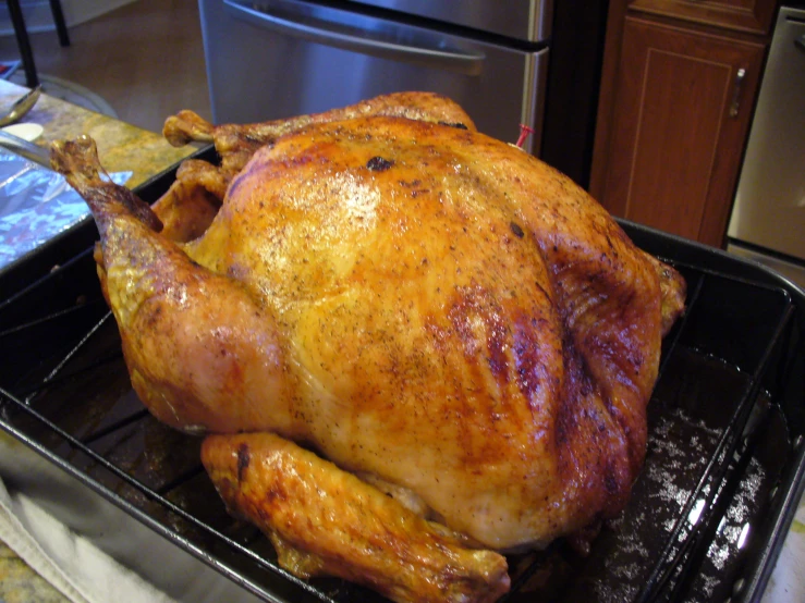 a roasted turkey sits in the oven for dinner