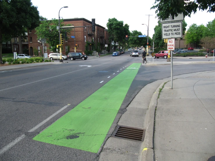 a green line running down the road next to a bike lane