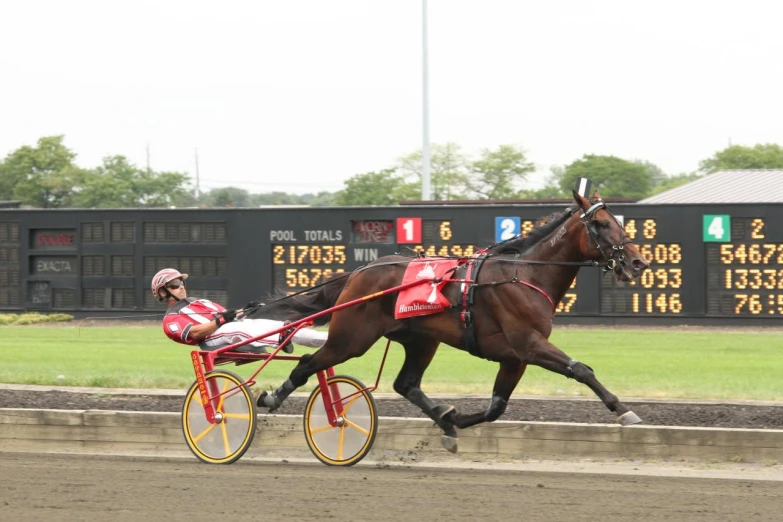 horse racing with man sitting on one side of horse