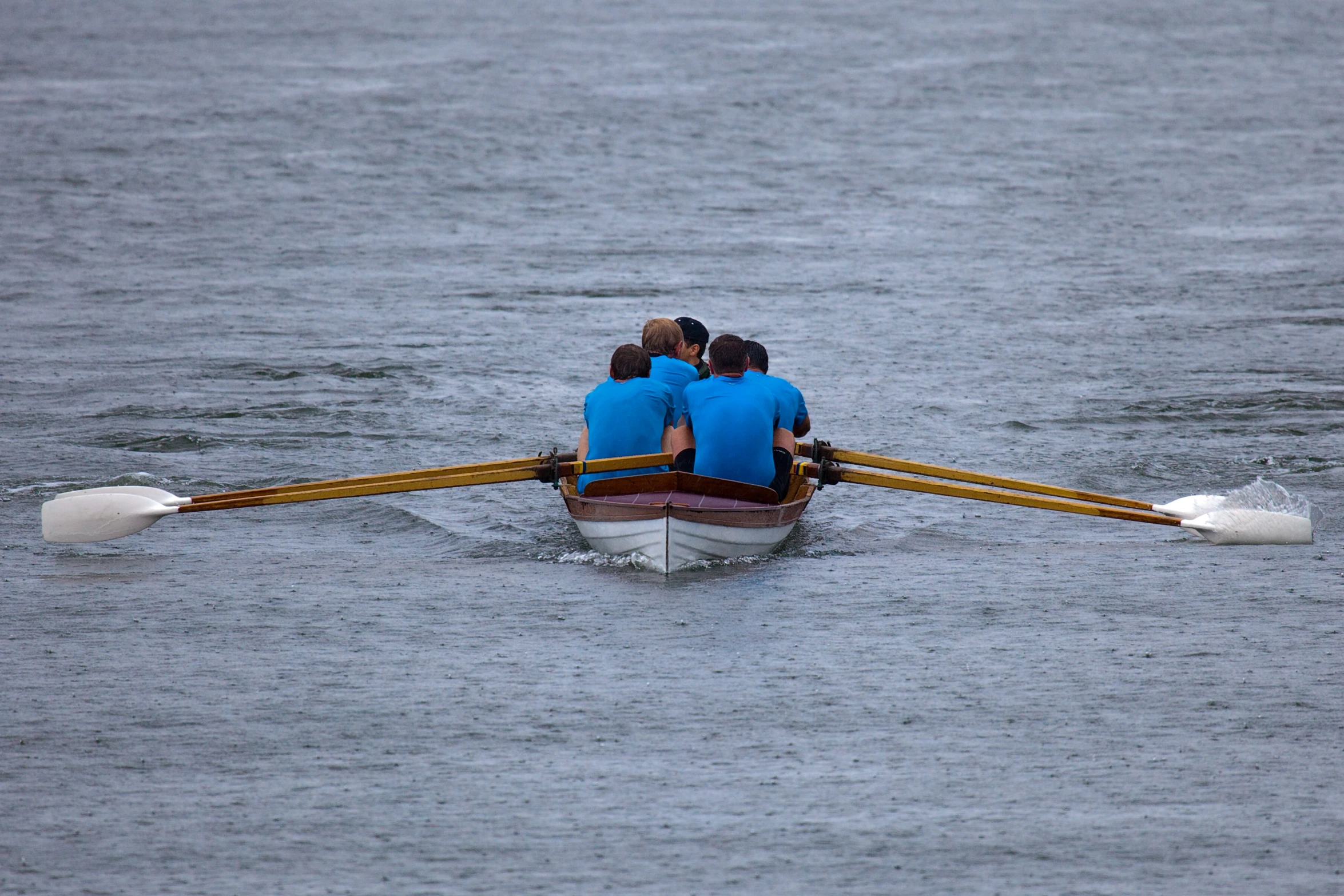 four rowers in blue shirts row down the river