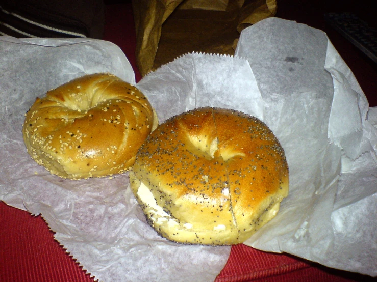 a couple of bagels that are on a table