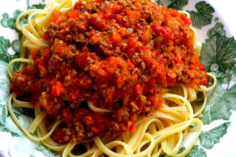 a bowl full of spaghetti with meat sauce