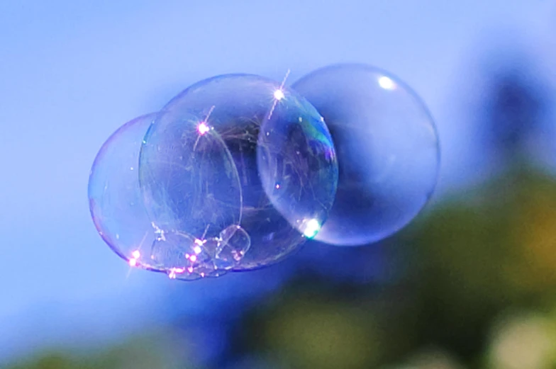 soap bubbles floating through the air in front of trees