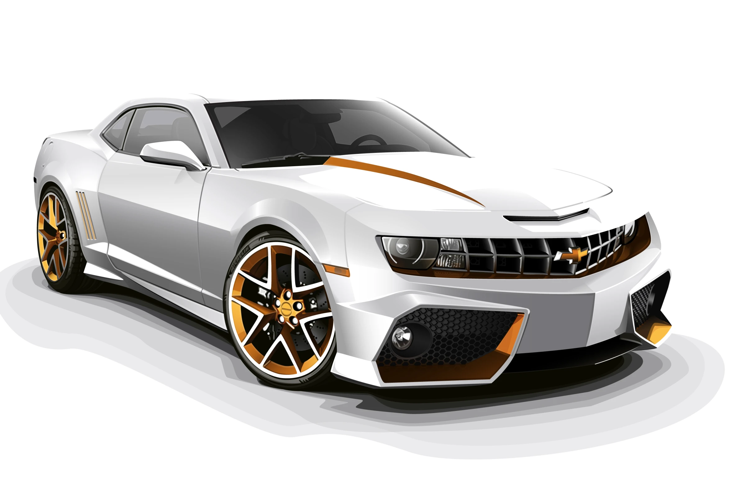 the chevrolet camaro on white background with gold accents