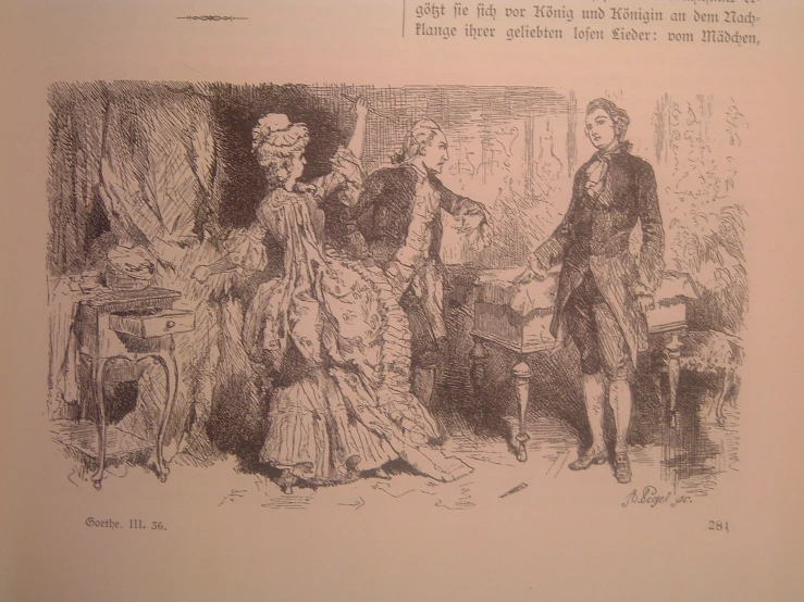 an old picture of a man in a victorian dress talking to two women