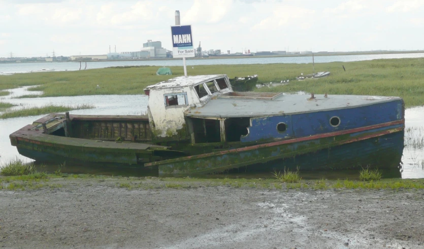 an old blue and white tugboat in a swamp