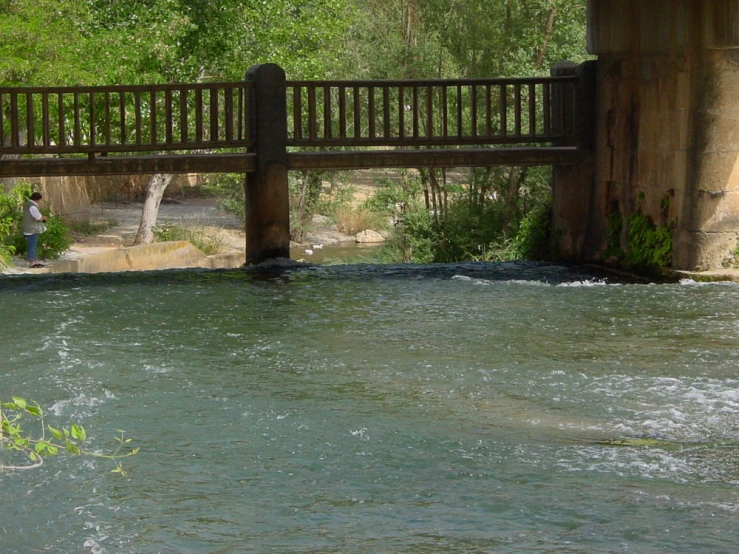 a person walking across water below a bridge