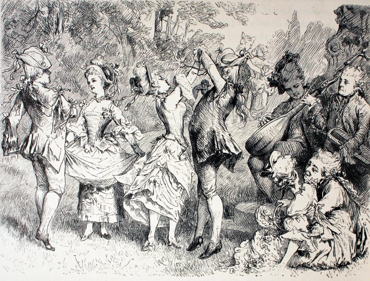 a drawing of people standing around a woman