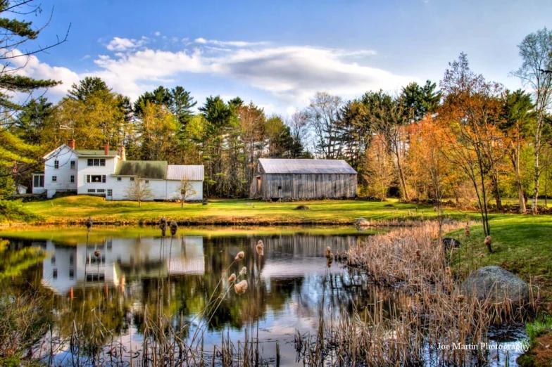 two barn and a horse on the side of the pond