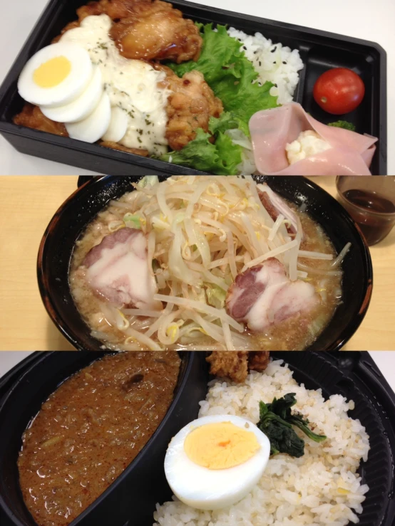 two trays of food and rice with boiled egg on the side