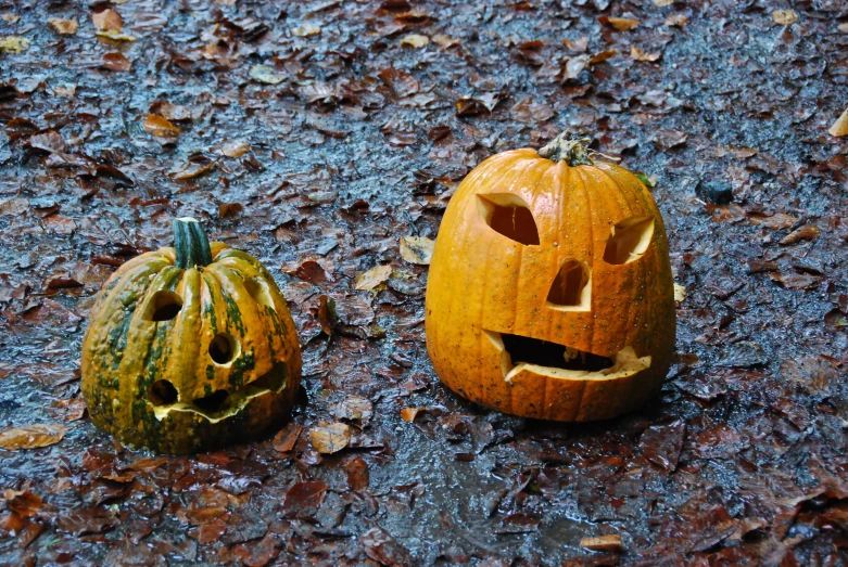 two carved pumpkins sitting in the middle of an open driveway