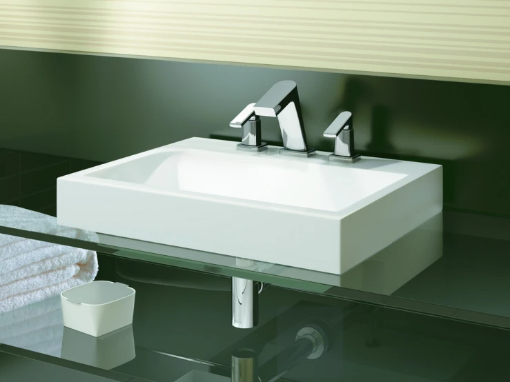 white square sink with clear glass counter top