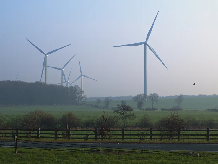 three wind turbines on a farm in the early morning