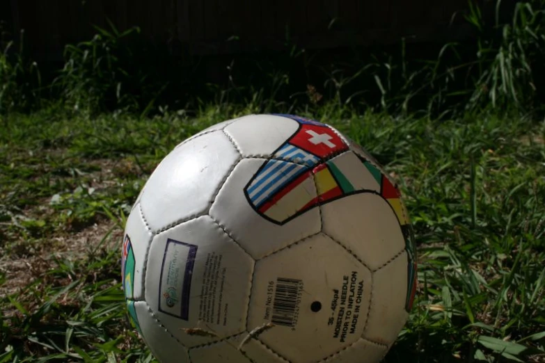 a soccer ball sitting in the grass outside