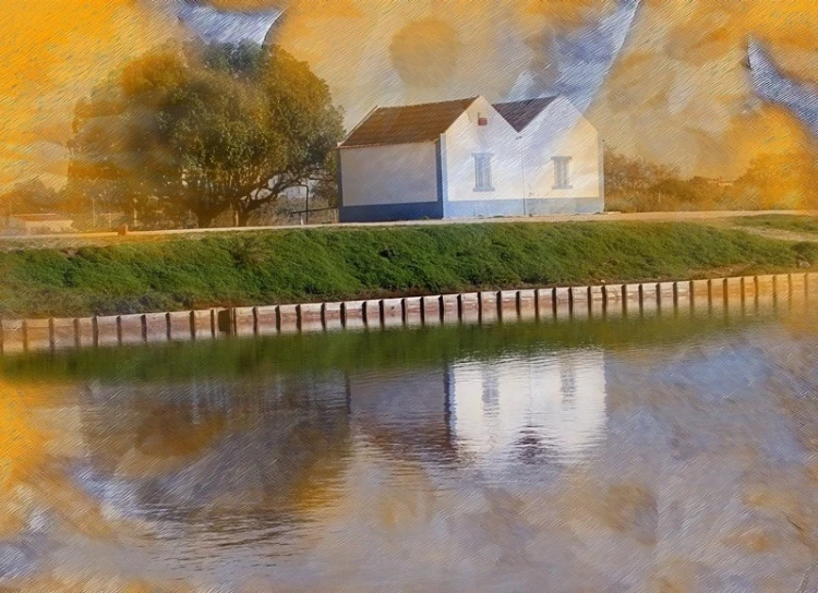 the image is of a house next to the water