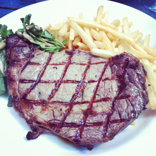 there is a plate of steak, fries and ketchup