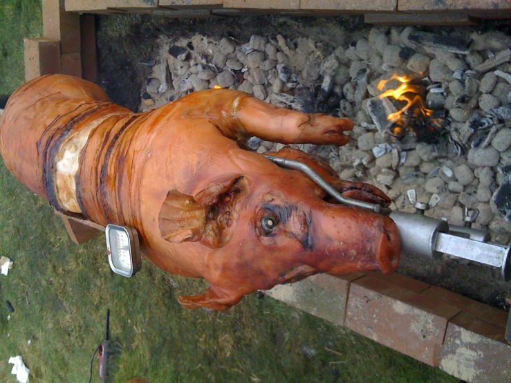 there is a fire pit with some pig statues