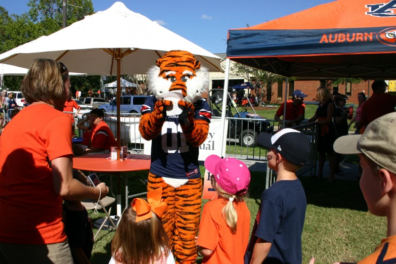 an orange tiger mascot being held by children