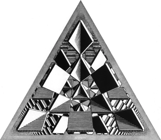 a black and white drawing with an overlapping pyramid