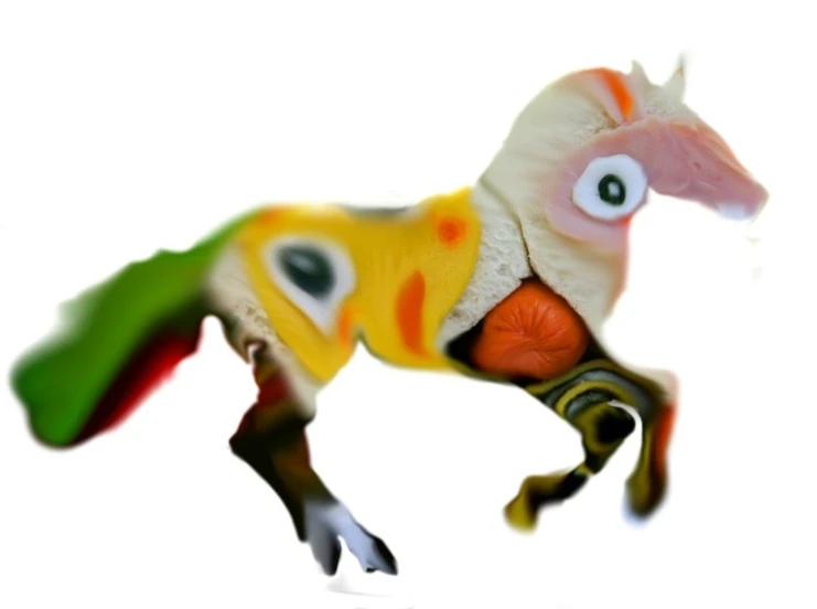 a fake horse with a colored body and orange, yellow, and green tail