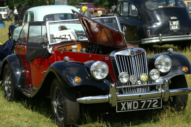 a close up of the hood and front end of an older car