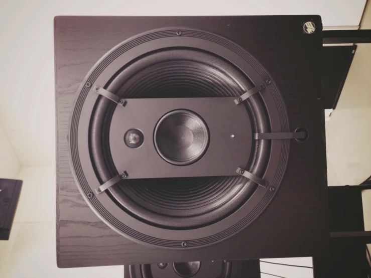 a close up view of a big speaker on display