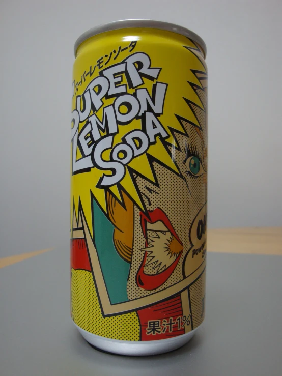 a can of lemon soda on a white table