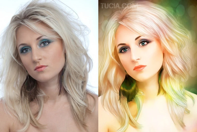 a blonde woman's face and side by side portrait