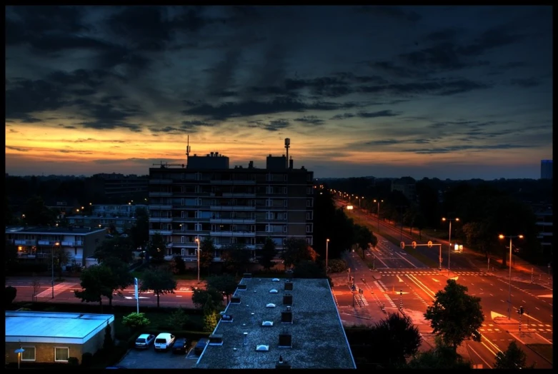 a night s of a road next to buildings