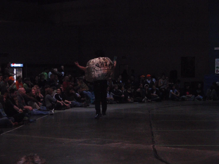 a cat on the runway with its head covering by a bag