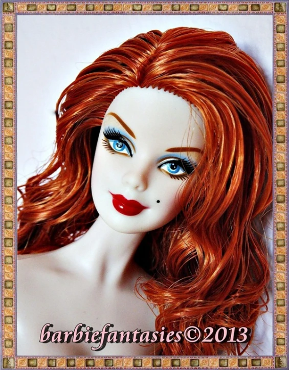 the red haired doll has long hair and blue eyes