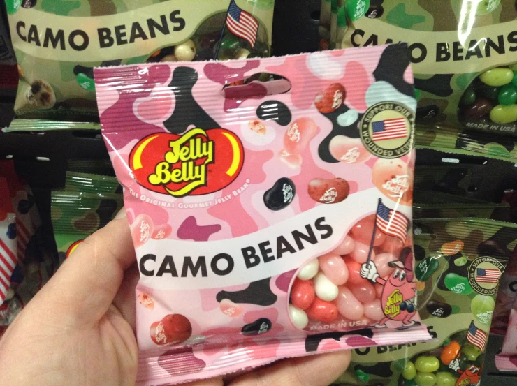 a bag of jelly beans in the shape of camo beans