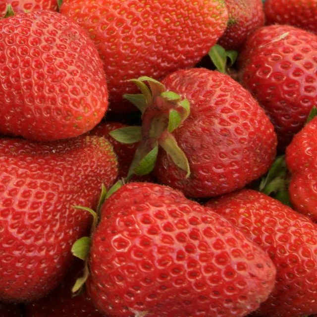 a closeup view of a pile of ripe strawberries