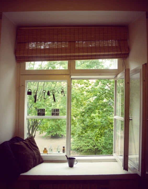 a small window sitting inside of a room next to a forest