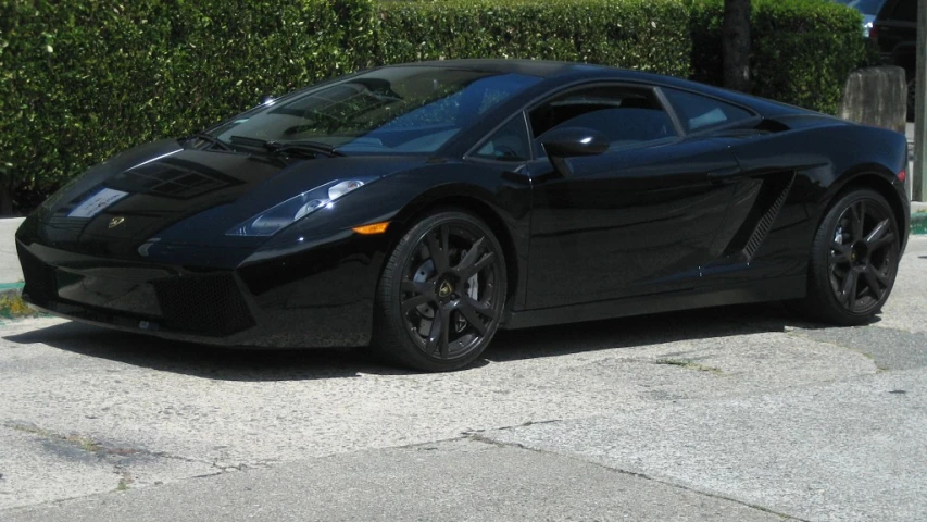 the front end of a black lambino parked in front of a hedge