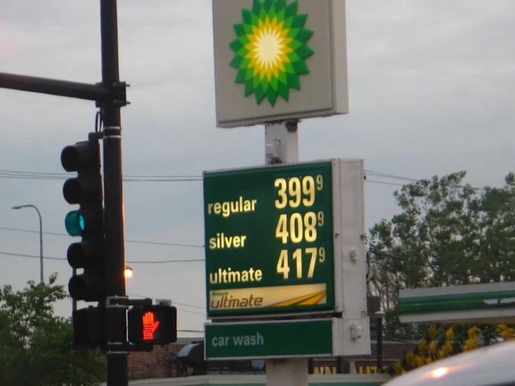 a sign for a gas station with prices on the side