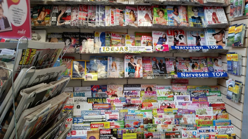 the shelves of a magazine store with several newspaper stands