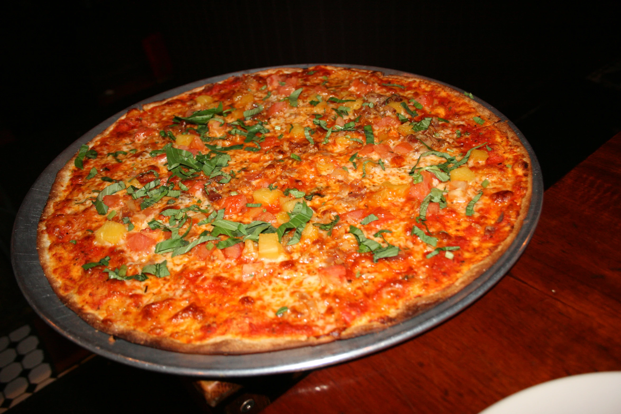 a cooked pizza is on a pizza pan