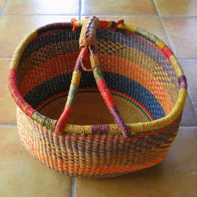 a decorative basket sits on the floor