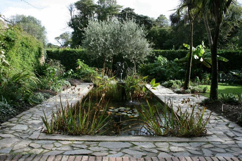 a stone path that leads into an outdoor pond with plants